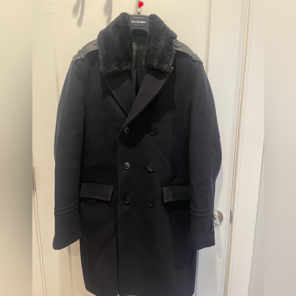 Men’s Kooples Navy Faux Fur Collar Pea Coat